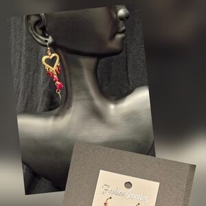 Gold Heart Drop Earrings with Red Accents